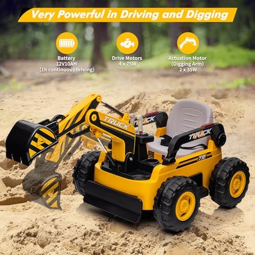 RCTOWN Kids Ride On Excavator Digger Truck with Remote Control & Electric Digging Arm, 12V 10Ah Large Battery, 4x75W Motors,LED Tail Light, Music, USB, Ride Car Toy Xmas Birthday Gift for Ages 3+, Yellow
