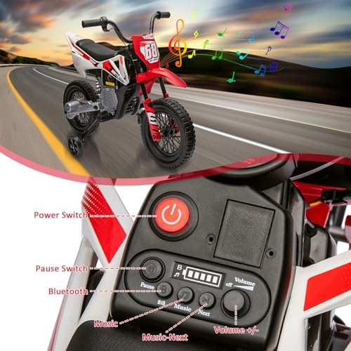 RCTOWN 12V Kids Motorcycle with Training Wheels, Bluetooth Music, Electric Dirt Bike for Kids, Twist Grip Throttle, Max Speed 3 MPH, Children Ride Motorcycle, Spring Suspension, Suitable for 3-8 Years Olds