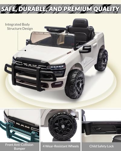 RCTOWN Ride On Pickup Truck Car, 12V Licensed RAM Ride On Toys, Battery Powered Electric Vehicle with Remote Control, Music, LED Lights, Suspension System, Double Doors, Seat Belt(White)