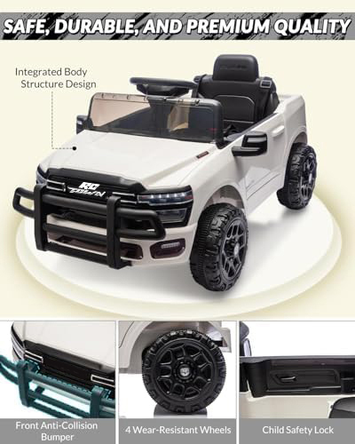RCTOWN Ride On Pickup Truck Car, 12V Licensed RAM Ride On Toys, Battery Powered Electric Vehicle with Remote Control, Music, LED Lights, Suspension System, Double Doors, Seat Belt(White)