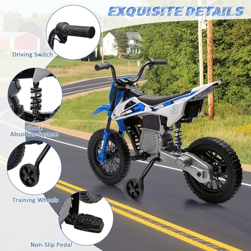 RCTOWN 12V Electric Dirt Bike, Kids Electric Motorcycle with 25W*2 Motor, Twist Grip Throttle, Training Wheels, Spring Suspension, Ride On Toy Car for Kids Over 37 Months (Blue)