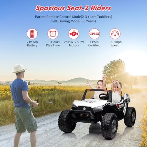 RCTOWN 24V 2 Seaters Ride On UTV with Remote Control, Battery Powered Extra Large Ride Car Toy for 2 Kids, 2 Seats+One More Foldable Seat, 15.4" Eva Wheels Off-Road with Music, Light for 3-8 Years,White