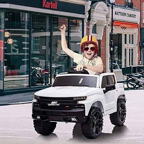 RCTOWN 12V Ride on Car for 3-6years, Battery Powered Licensed by Chevrolet Silverado GMC Kids Ride On Truck, Toddler Electric Vehicles Toys w/RC, MP3/Bluetooth, Spring Suspensionfor Boys and Girls(White)