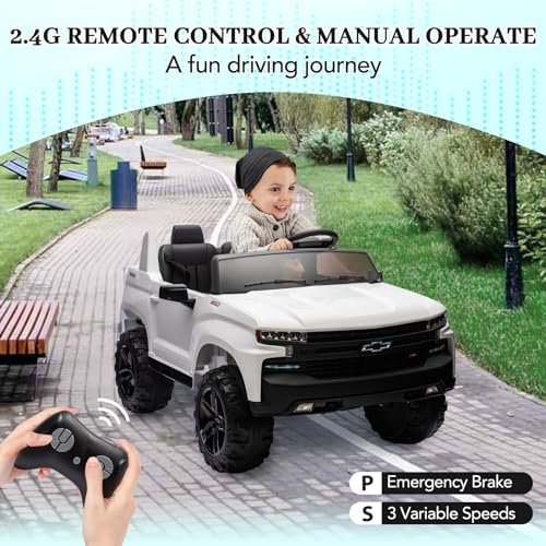 RCTOWN Baby Car 24V 2-Seater Truck Licensed Chevrolet Silverado Ride On Toy w/Parent Remote Control,4xSpring Suspension, Wireless Music, Electric Vehicle Car for Kids Ages 3-8,White