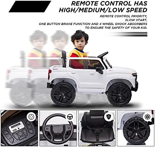 RCTOWN 12V Ride on Car for 3-6years, Battery Powered Licensed by Chevrolet Silverado GMC Kids Ride On Truck, Toddler Electric Vehicles Toys w/RC, MP3/Bluetooth, Spring Suspensionfor Boys and Girls(White)