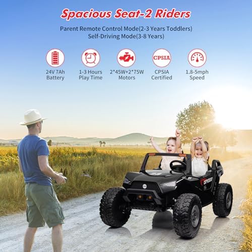 RCTOWN 24V 2 Seaters Ride On UTV with Remote Control, Battery Powered Extra Large Ride Car Toy for 2 Kids, 2 Seats+One More Foldable Seat, 15.4" Eva Wheels Off-Road with Music, Light for 3-8 Years,Black