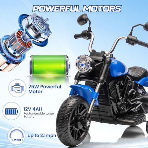 RCTOWN 12V Electric Motorcycle for Kids, 3-Wheel Ride On Toy w/Detachable Training Wheels, Soft Start, Reverse, Headlight, Horn & Music, Battery Powered Kids Motorcycle for Toddler Boy Girl Ages 3-5, Blue