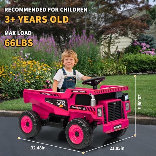 RCTOWN 12V Ride On Dump Truck for Kids Electric Ride On Car Toy Toddlers 4 Wheeler Construction Vehicles with Remote Control, Dump Bed, Shovel, LED Lights, Music, for Kids 3-8, Rose Red
