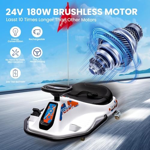 RCTOWN Electric Kids Drift Kart, 24V 2 Speed Modes, 360 Degree Easy Spinning Drifts, Flashing Lights, Flags, Music, Drift Cart, Suitable for Children Over 3 Years Old