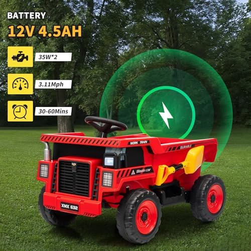 RCTOWN 12V Ride On Dump Truck for Kids Electric Ride On Car Toy Toddlers 4 Wheeler Construction Vehicles with Remote Control, Dump Bed, Shovel, LED Lights, Music, for Kids 3-8, Rose Red