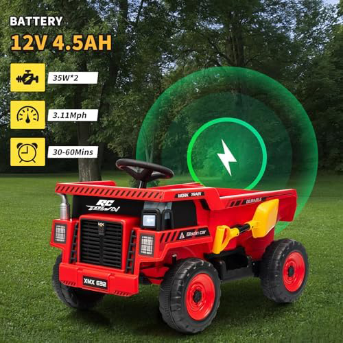 RCTOWN 12V Ride On Dump Truck for Kids Electric Ride On Car Toy Toddlers 4 Wheeler Construction Vehicles with Remote Control, Dump Bed, Shovel, LED Lights, Music, for Kids 3-8, Rose Red