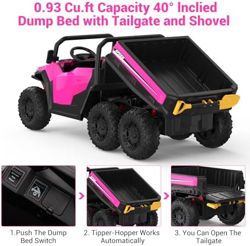 RCTOWN 24V 2 Seater Ride on Dump Truck with Remote Control for Big Kids, 4WD 6 Wheels Ride on Car w/Music Player & LED Lights, Ride Toy Gift for Kid