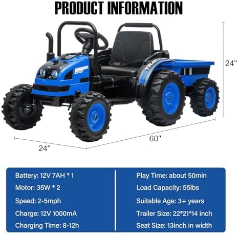 RCTOWN Kids Ride On Tractor with Trailer, 12V Battery Powered Electric Tractor with Remote Control, Music, USB, Led Lights, Audio, Safety Belt, 35W Dual Motors, Unload Button, Red