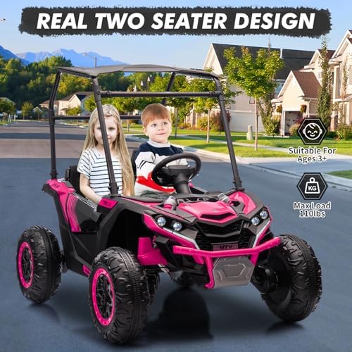 RCTOWN 24V Kids Ride On UTV, 2 Seater 4WD Electric Truck with Sun Shade, Remote Control, Led Lights, 4 Shock Absorbers,3 Speeds,Horn, and Music Player for Gift,Rose