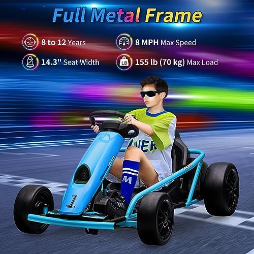 RCTOWN Ride on Go Kart for Kids, 24V 9Ah Battery 300W*2 Motors, 8MPH High Speed Drifting Circling Car, Slow Start Function with Music, Horn,Max Load 175lbs, Racing Toy for Kids 8-12 Years, White