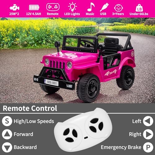 RCTOWN 12V Kids Ride On Truck Car with Remote Control, Spring Suspension, Various Speeds, LED Lights, Music, and Safety Belt, Electric Ride On Car Toys for Kids 3+, Pink