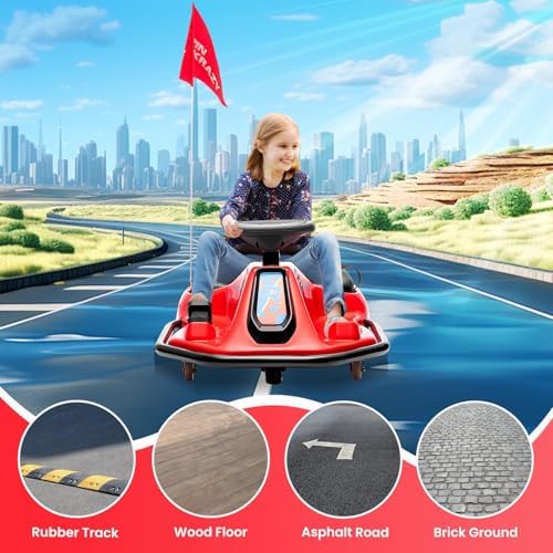 RCTOWN Electric Kids Drift Kart, 24V 2 Speed Modes, 360 Degree Easy Spinning Drifts, Flashing Lights, Flags, Music, Drift Cart, Suitable for Children Over 3 Years Old