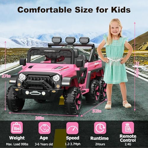 RCTOWN Ride on Car with 6 EVA Wheels&4WD, 24V Battery Powered Electric Car for Kids, Electric Vehicle with Remote Control, 3 Adjustable Speeds, Soft Start, Battery Display, Music, Pink
