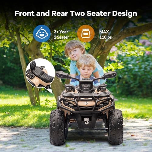 RCTOWN 2 Seater Ride On Car, 24V 4WD Electric ATV Car for Kids, Leather Seaters, Safety Belt, Bluetooth, 1.86 to 4.79 Mph 4 Wheeler Electric Toy Car As Gift for Boys, Girls, Brown