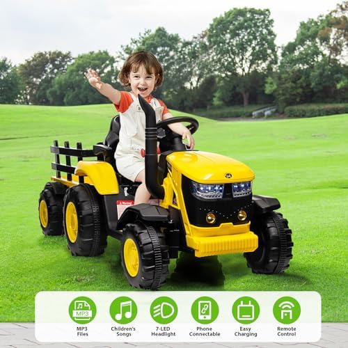 RCTOWN Kids Ride on Tractor with Remote Control, 12V Battery Powered Electric Tractor and 35W Dual Motors for Kids Bluetooth Music/USB, 3-Gear-Shift, Safety Belt, 7-LED Lights, Yellow