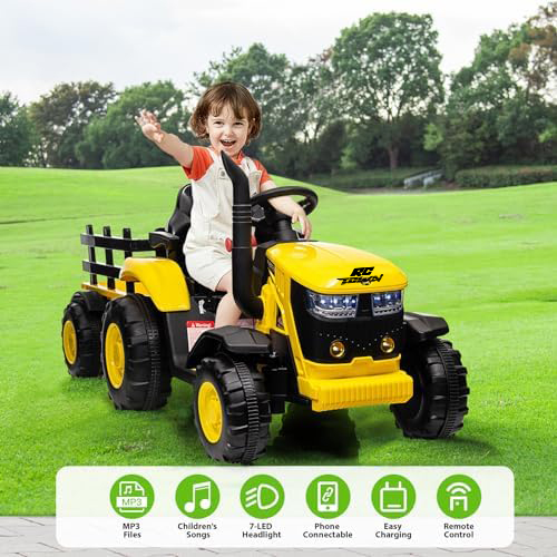 RCTOWN Kids Ride on Tractor with Remote Control, 12V Battery Powered Electric Tractor and 35W Dual Motors for Kids Bluetooth Music/USB, 3-Gear-Shift, Safety Belt, 7-LED Lights, Yellow