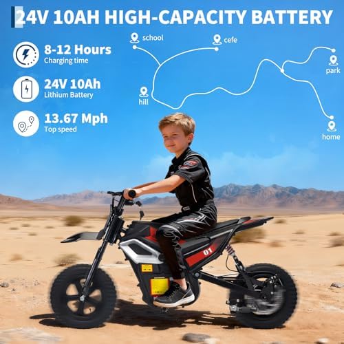 RCTOWN 24V Electric Dirt Bike for Kids, 350w Electric Motorcycle for Kids - Up to 13.67Mile/h Long-Range, Ride on Motorcycle with Rear Wheel Suspension, 12 Miles Range, Twist Grip Throttle, Rubber Tire