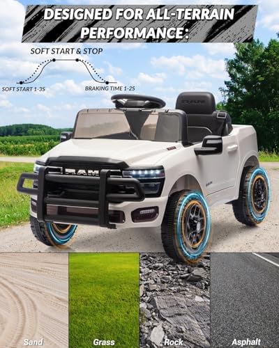 RCTOWN Ride On Pickup Truck Car, 12V Licensed RAM Ride On Toys, Battery Powered Electric Vehicle with Remote Control, Music, LED Lights, Suspension System, Double Doors, Seat Belt(White)