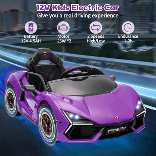 RCTOWN 12V Kids Ride On Car, Licensed Lamborghini Revuelto Electric Car for Kids Over 37 Months, Battery Powered Sports Car Toy with Remote Control, Bluetooth, Headlight, Music, Purple