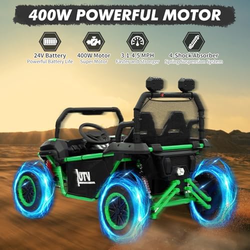 RCTOWN 24V 2 Seater Ride On Car, XXXL Off-Road Utv for Kids w/Metal Frame, 20 Inch Wide Seat, 400W Electric Vehicle Toy Car w/Pop Music, 3 Speeds for Boys and Girls,Green
