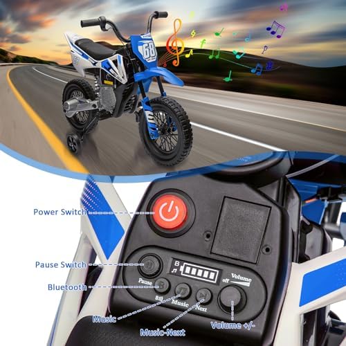 RCTOWN 12V Electric Dirt Bike, Kids Electric Motorcycle with 25W*2 Motor, Twist Grip Throttle, Training Wheels, Spring Suspension, Ride On Toy Car for Kids Over 37 Months (Blue)