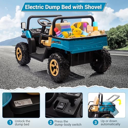 RCTOWN 24v Ride On Dump Truck, 2 Seater Electric Ride On Car Toy for Kids, Battery Powered UTV with 4x35W Motors, Shovel, Bluetooth, Remote Control, Music, LED Lights for Boys & Girls, Blue