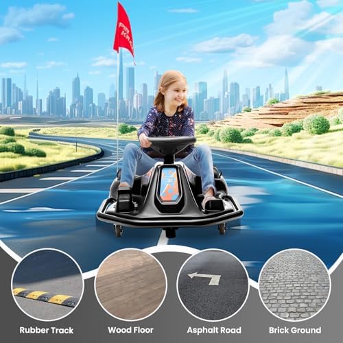 RCTOWN Electric Kids Drift Kart, 24V 2 Speed Modes, 360 Degree Easy Spinning Drifts, Flashing Lights, Flags, Music, Drift Cart, Suitable for Children Over 3 Years Old