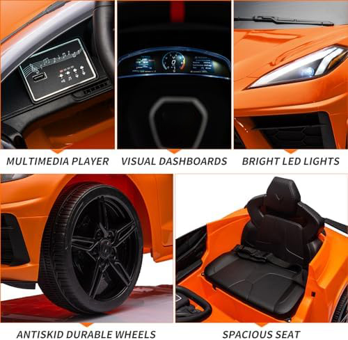 RCTOWN 12V Kids Ride on Car Licensed Corvette Battery Powered Car Toddles Electric Sports Car Toy with Remote Control, Visual Dashboard, LED Lights, Music, Gifts for Boys Girls, Orange