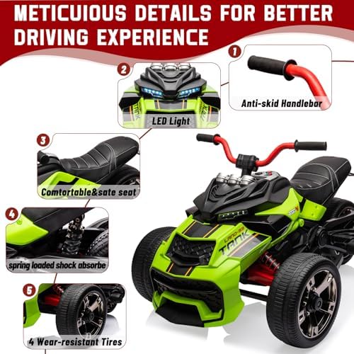 RCTOWN 12V 3 Wheeler Ride On ATV Electric Motorcycle, Battery Powered Electric Vehicle w/Led Lights, High & Low Speed, Horn, Music, USB, Treaded Tires, Ride On Car for Kids Gift, Green