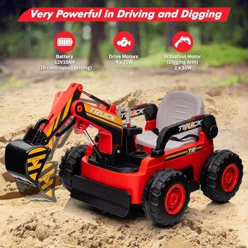 RCTOWN Kids Ride On Excavator Digger Truck with Remote Control & Electric Digging Arm, 12V 10Ah Large Battery, 4x75W Motors,LED Tail Light, Music, USB, Ride Car Toy Xmas Birthday Gift for Ages 3+, Yellow