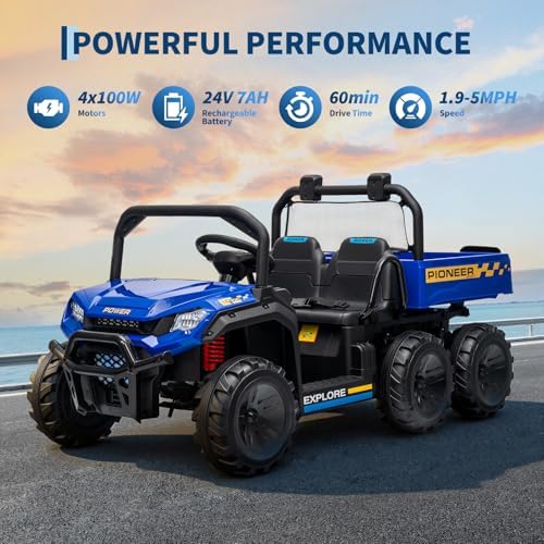 RCTOWN 24V Ride on Toys, 2 Seater Dump Truck Car for Kids 4-8, 4WD Electric Tractor with Remote Control, Dump Bed, 3 Speed Modes, Music Player
