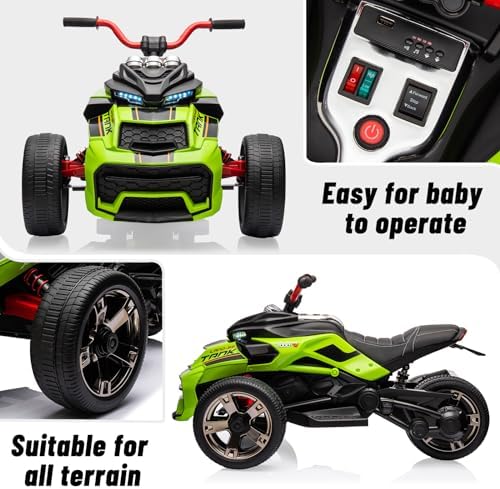 RCTOWN 12V 3 Wheeler Ride On ATV Electric Motorcycle, Battery Powered Electric Vehicle w/Led Lights, High & Low Speed, Horn, Music, USB, Treaded Tires, Ride On Car for Kids Gift, Green