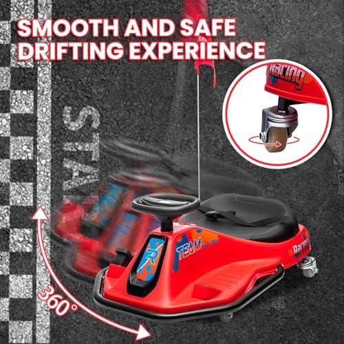 RCTOWN Electric Kids Drift Kart, 24V 2 Speed Modes, 360 Degree Easy Spinning Drifts, Flashing Lights, Flags, Music, Drift Cart, Suitable for Children Over 3 Years Old