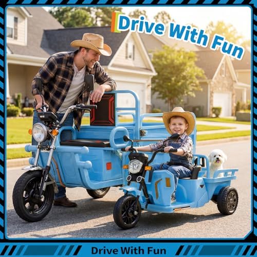 RCTOWN Kids Motorcycle, 3-Wheels Ride on Tractor w/Trailer, Sand Shovel, 2x55W Motors, Bluetooth, Music, Headlight, 12V Electric Tricycle for Kids Toddlers, Gift for Boys Girls, Blue