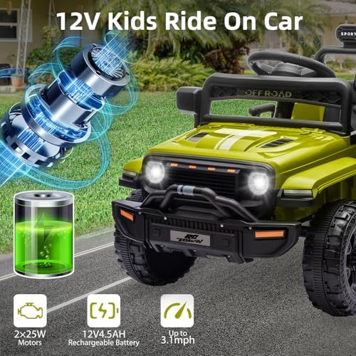 RCTOWN Ride On Truck Car, 12V Ride On Toy w/Parent Remote Control, Steering Wheel Music, 4-Wheel Spring Suspension, Led Lights, 2 Speeds, Kids Electric Vehicles for Age 3-5, Green