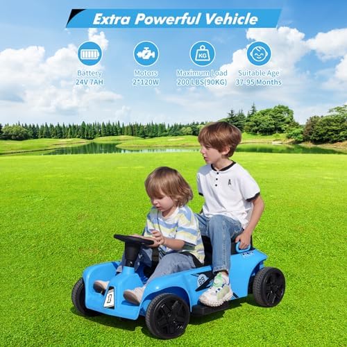 RCTOWN 2 Seaters 4-Wheelers Electric Ride On Toy for Kids, 24V 120W*2 Powerful Motors Max Load 200 Lbs, Two Driver Modes + Remote Control Modes for Toddlers Child with Music, USB, Storage Box, Blue