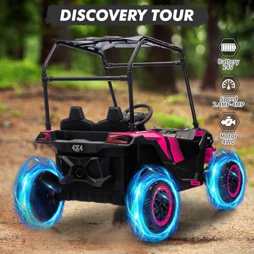 RCTOWN 24V Kids Ride On UTV, 2 Seater 4WD Electric Truck with Sun Shade, Remote Control, Led Lights, 4 Shock Absorbers,3 Speeds,Horn, and Music Player for Gift,Rose