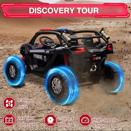 RCTOWN Two Seater 24V Kids Ride on UTV Car, RCTOWN 4WD 300W Motors Powerful Electric Vehicle w/Remote Control, 4 Shock Absorbers, Leather Seats, Music and Lights, Electric Car for Kids, Blue
