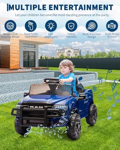 RCTOWN 12V Ride on Truck Car, Licensed RAM Pickup Car w/Remote Control, Battery Powered Electric Car with Music, Spring Suspension, 3 Speeds, LED Lights & All-Terrain Tires, Gift for Boys Girls-Blue