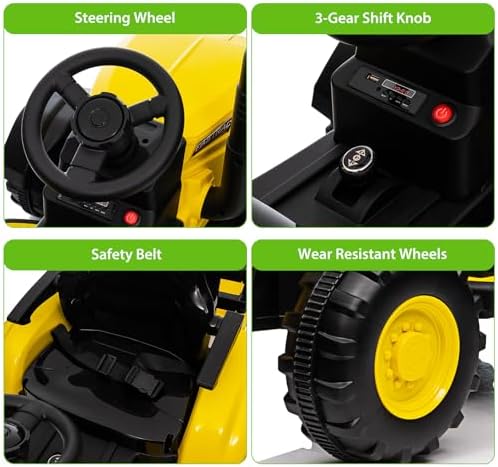 RCTOWN Kids Ride on Tractor with Remote Control, 12V Battery Powered Electric Tractor and 35W Dual Motors for Kids Bluetooth Music/USB, 3-Gear-Shift, Safety Belt, 7-LED Lights, Yellow
