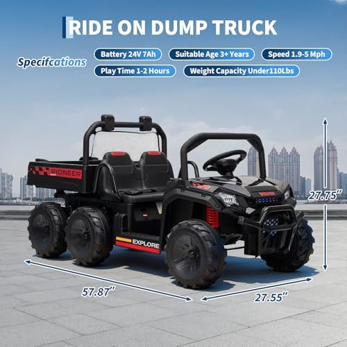 RCTOWN 24V Ride on Toys, 2 Seater Dump Truck Car for Kids 4-8, 4WD Electric Tractor with Remote Control, Dump Bed, 3 Speed Modes, Music Player