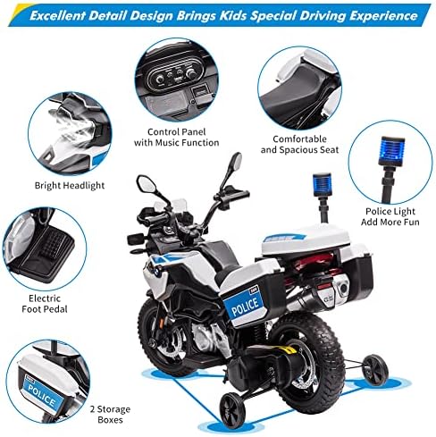 RCTOWN 12V 7AH Kids Motorcycle, Licensed BMW Ride On Police Motorcycle for Kids with High/Low Speed, 2 Storage Boxes, Warning Lights and LED Headlights,Spring Suspension, Motorbike for Boys Girls