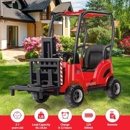 RCTOWN Ride on Forklift Car with Tent, 12V Electric Ride On Car with Liftable Fork and Pallet, High/Low Speed, Music, USB and Low-Power Alarm, Electric Construction Vehicle for Boys and Girls, Yellow