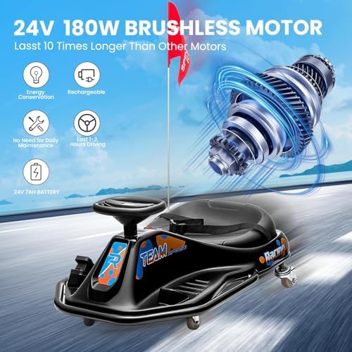 RCTOWN Electric Kids Drift Kart, 24V 2 Speed Modes, 360 Degree Easy Spinning Drifts, Flashing Lights, Flags, Music, Drift Cart, Suitable for Children Over 3 Years Old