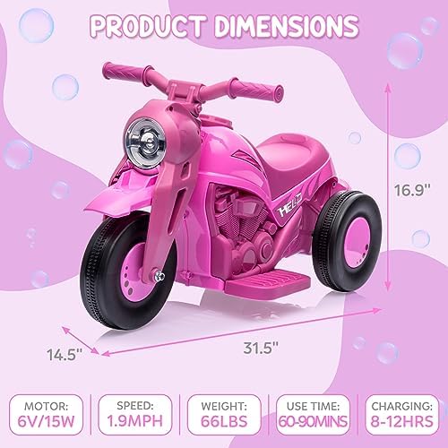 RCTOWN Kids Ride on Bubble Car, RCTOWN 6V Battery Powered Electric Motorcycle 1.9 MPH Speed w/LED Headlights, Music, Pedal, Forward/Reserve, 3 Wheels Motorbike Toys Gift for Toddler 3 and Up Boys Girls, Pink, white
